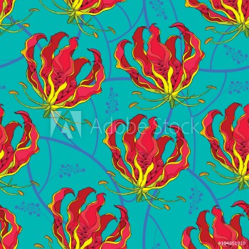 Bild på Seamless pattern with Gloriosa superba or flame lily tropical flower on the green background Poisonous plant  National flower of Zimbabwe Floral background in contour style